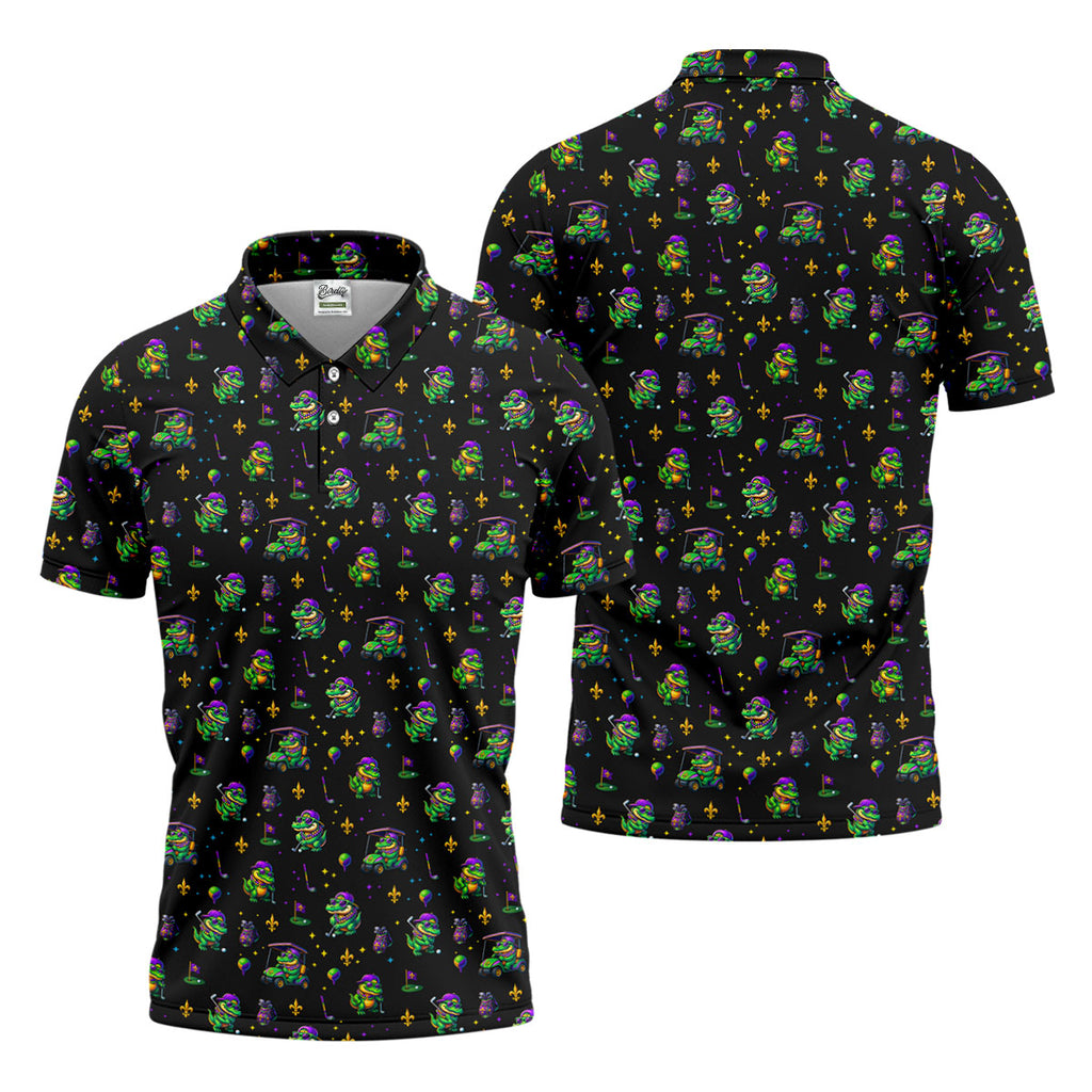 Funny Crocodile Mardi Gras Golf Shirts, Black Golf Shirt, Golf Gift For Men, Golf Shirts For Men