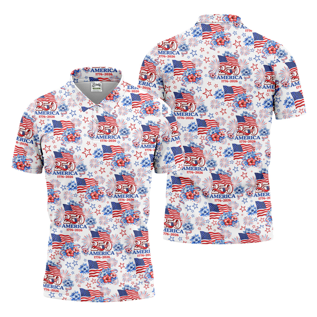 250 Years America 1776-2026 Hibiscus Tropical Flowers 4th Of July Golf Shirt, Golf Shirts For Men