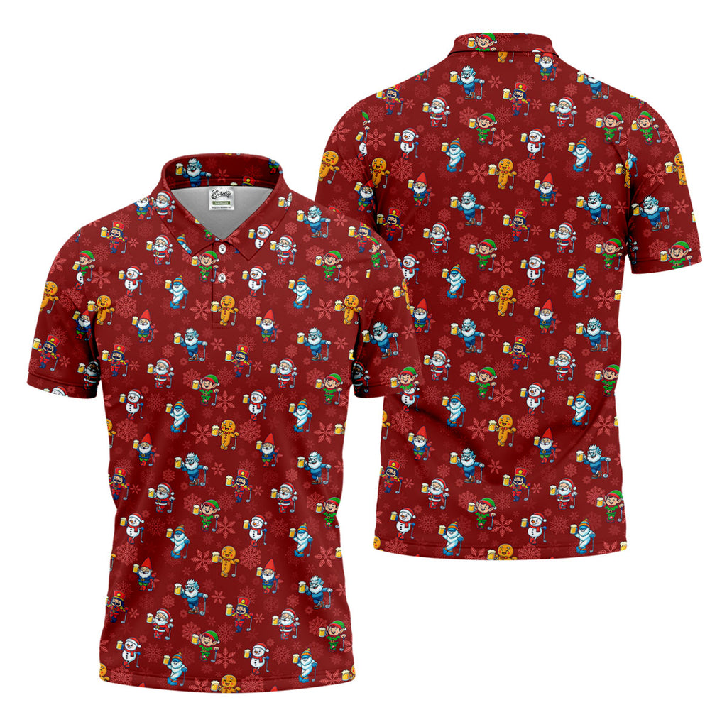 Christmas Characters Golf And Beer Red Men's Funny Golf Shirts, Christmas Golf Shirt, Polo ShirtFor Men