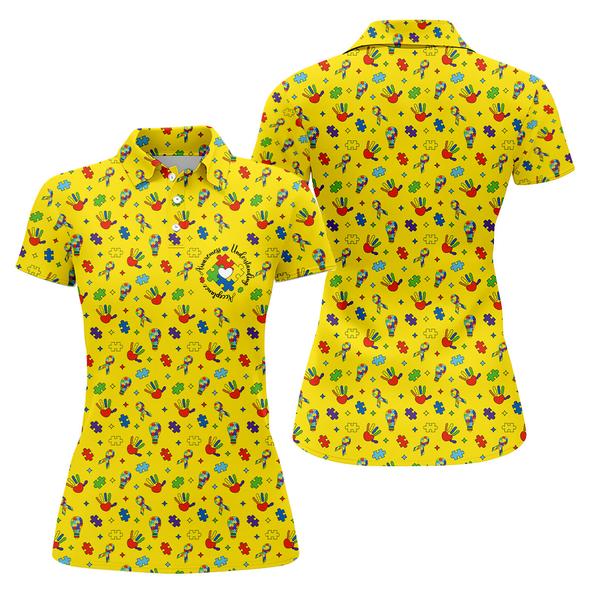 Awareness Understanding Acceptance Autism Ribbon Yellow Golf Shirt, Autism Awareness Colors Women's Golf Tops