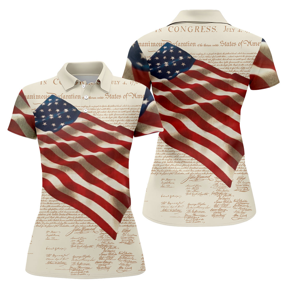 Patriotic American Flag Declaration Of Independence 4th Of July Beige Golf Shirt, 250th Anniversary Ladies Golf Shirts