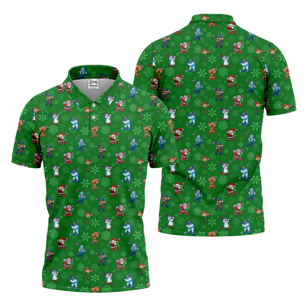 Funny Christmas Characters Golf Pose Green Golf Shirt, Christmas Golf Shirt, Polo ShirtFor Men