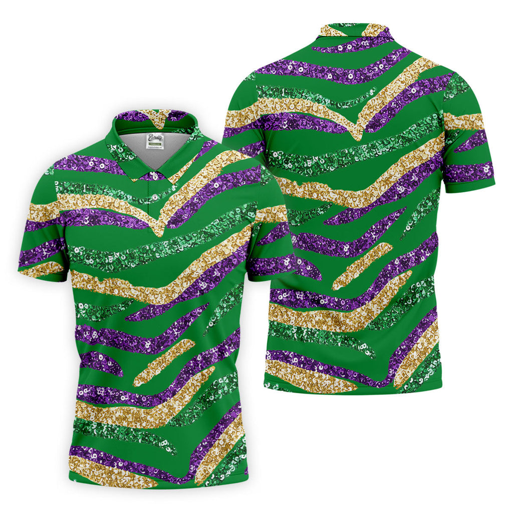Purple Green Gold Sequin Pattern Green Golf Shirt, Mardi Gras Golf Shirt, Polo ShirtFor Men