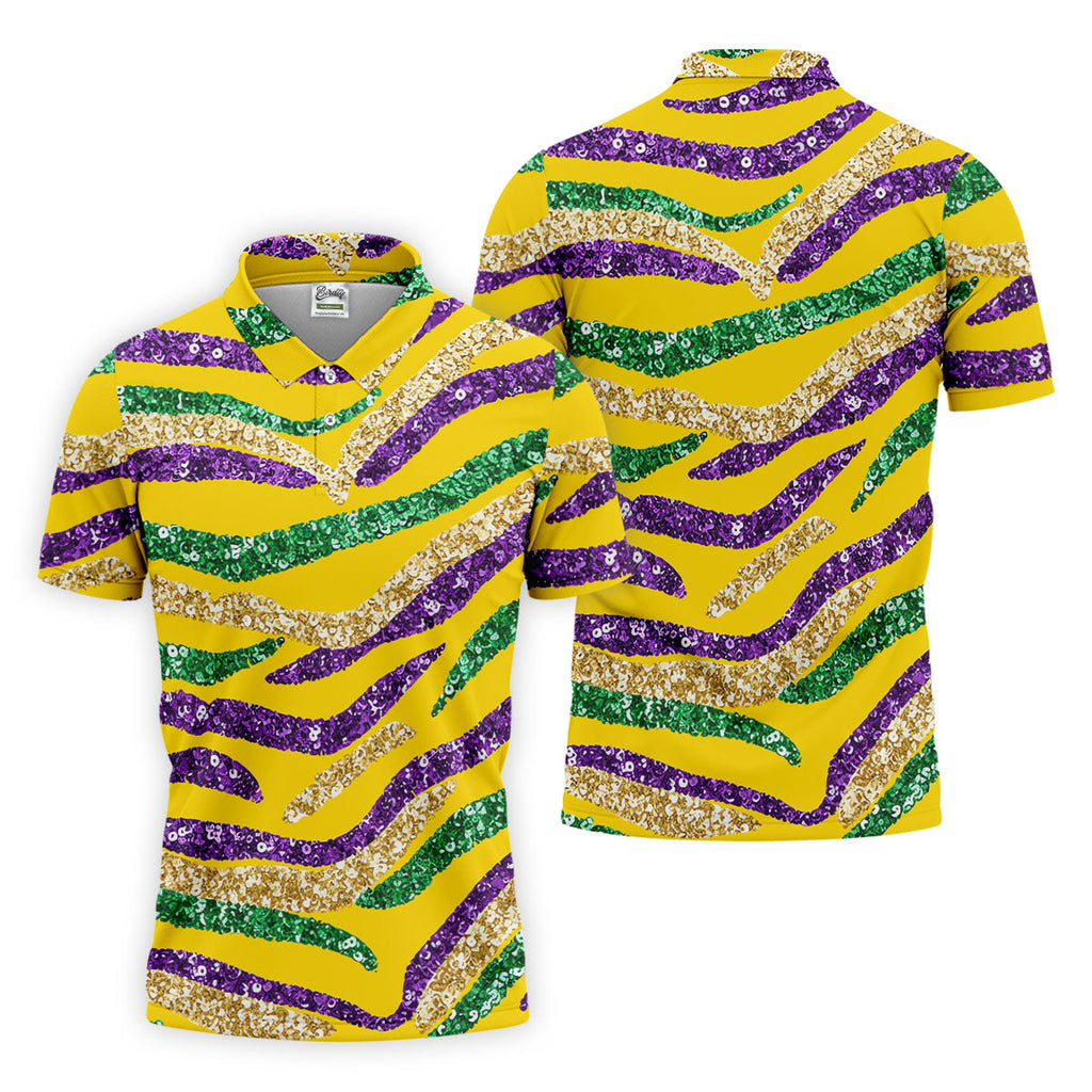 Purple Green Gold Sequin Pattern Yellow Golf Shirt, Mardi Gras Golf Shirt, Polo Shirts For Men