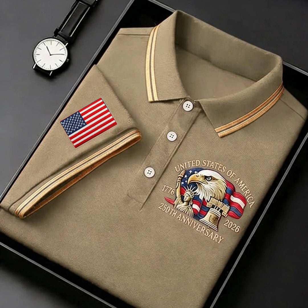 Bald Eagle American Flag 250 Years Sand Golf Shirt, Patriotic 4th Of July Golf Shirts For Men