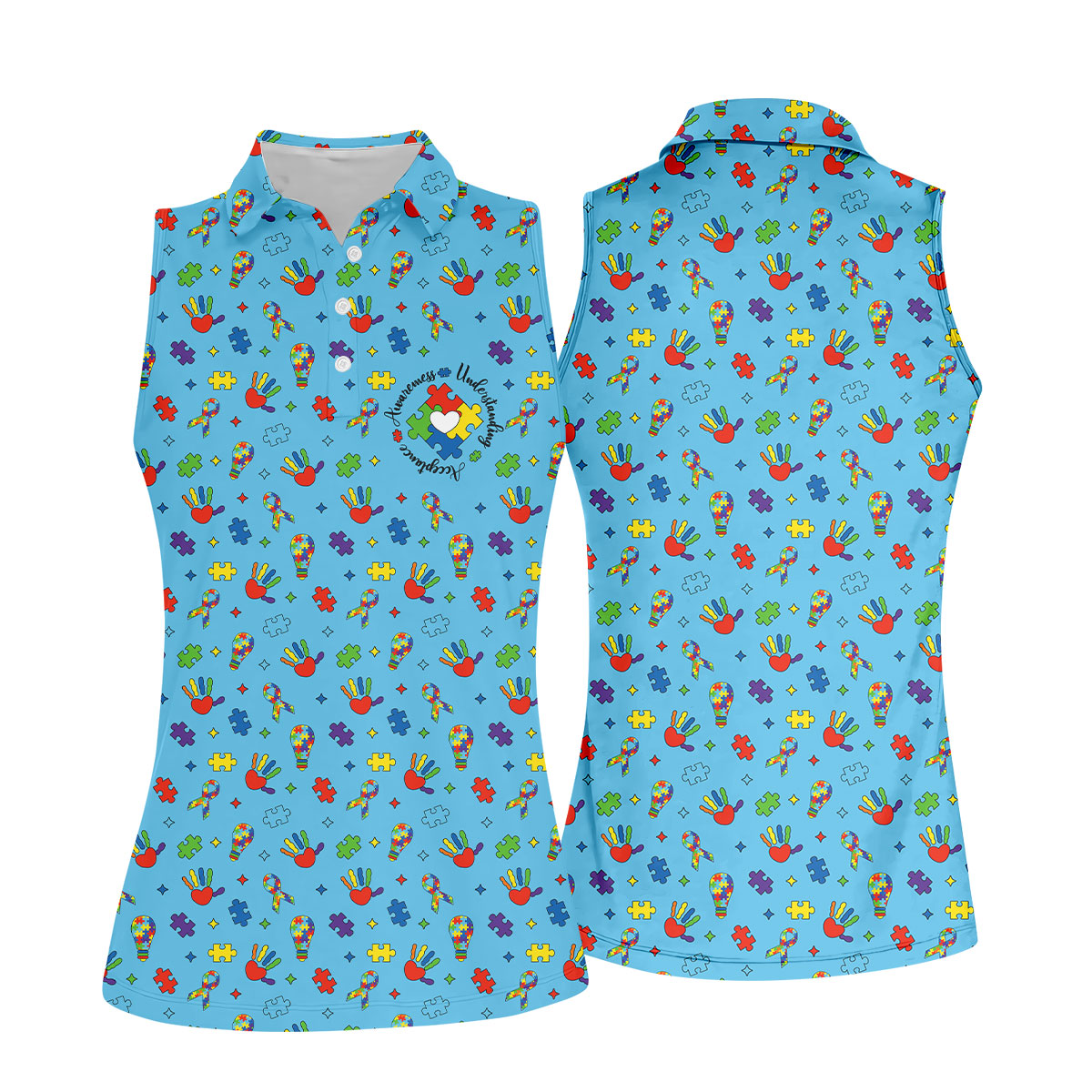 Awareness Understanding Acceptance Autism Ribbon Blue Golf Shirt, Autism Awareness Colors Women's Golf Tops