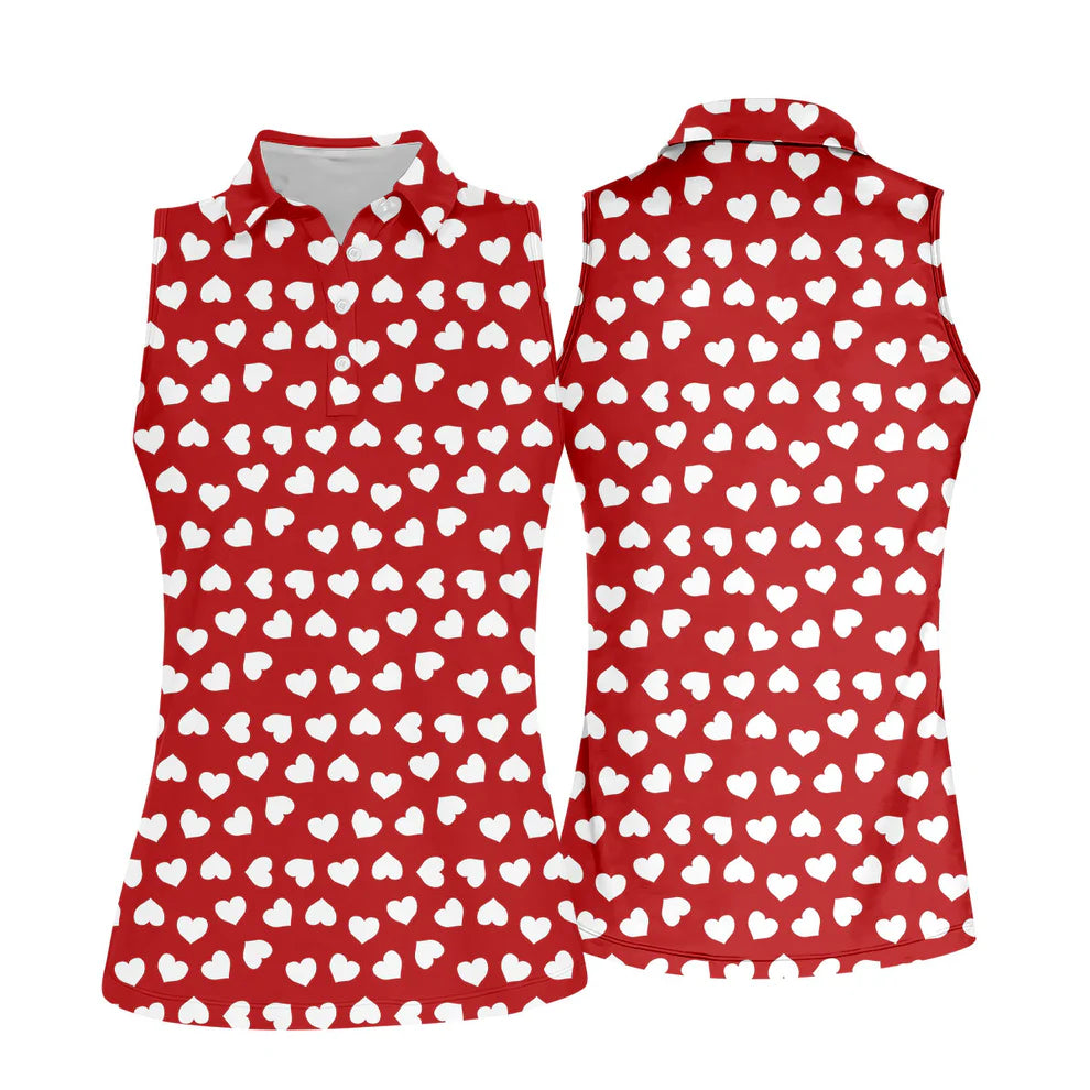 White And Red Heart Pattern Women’s Golf Polo, Valentine Golf Gift, Ladies Golf Shirt