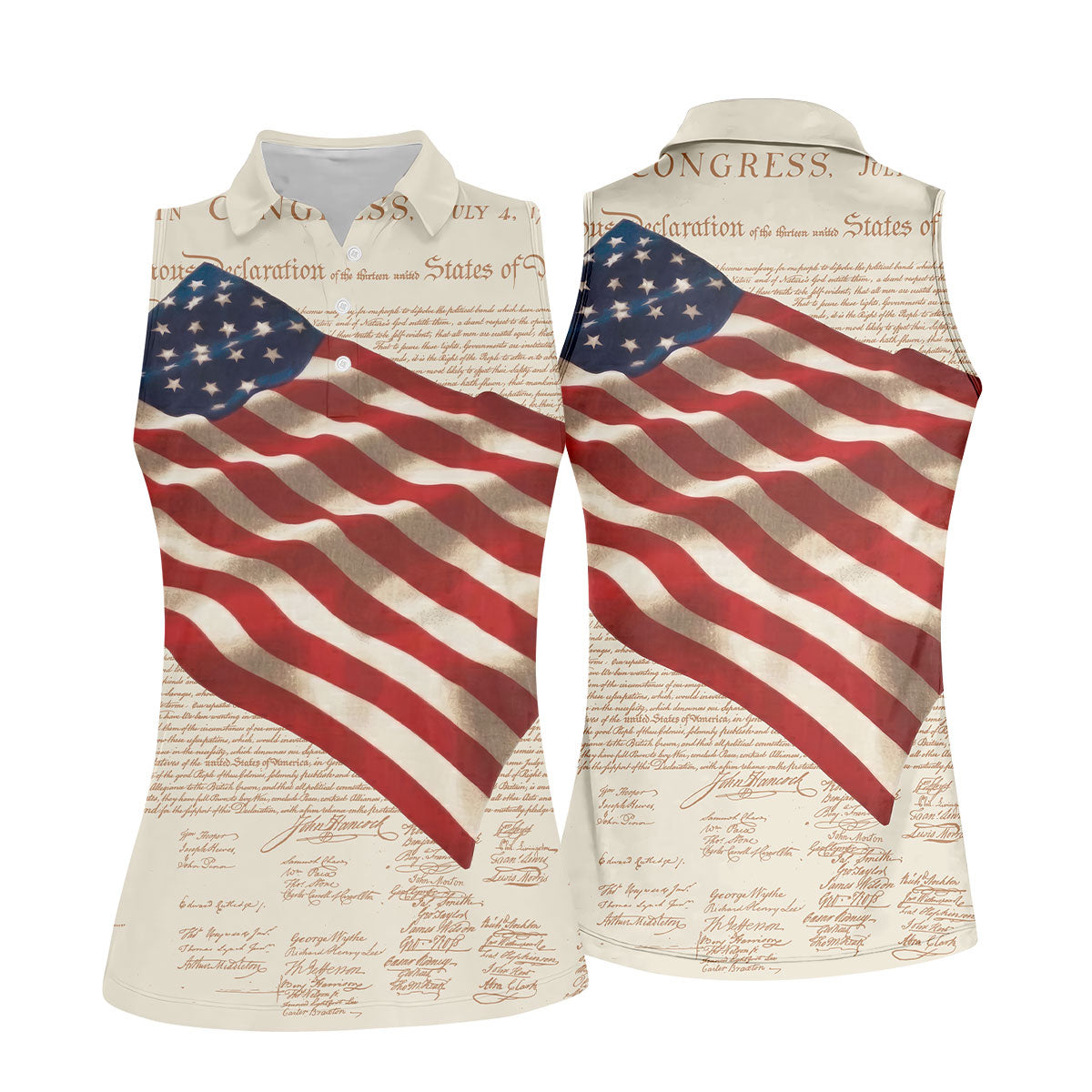 Patriotic American Flag Declaration Of Independence 4th Of July Beige Golf Shirt, 250th Anniversary Ladies Golf Shirts