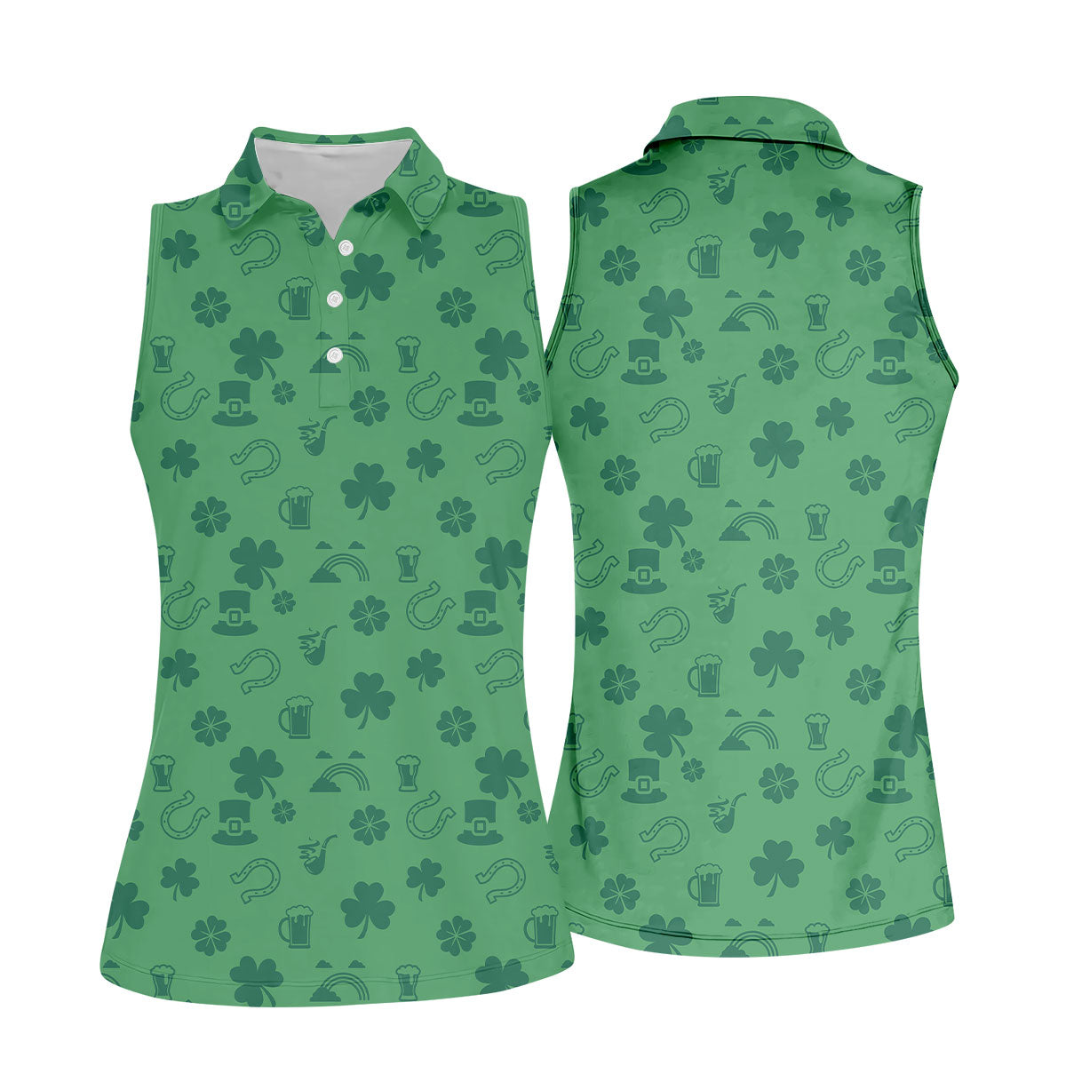 Leprechaun Hat Shamrock Beer Dark Green Seamless Pattern St. Patrick’s Day Golf Shirt, Women's Golf Tops