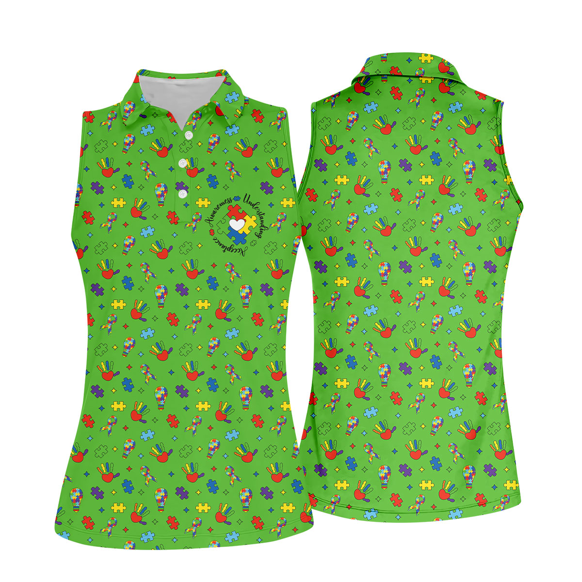 Awareness Understanding Acceptance Autism Ribbon Green Golf Shirt, Autism Awareness Colors Women's Golf Tops