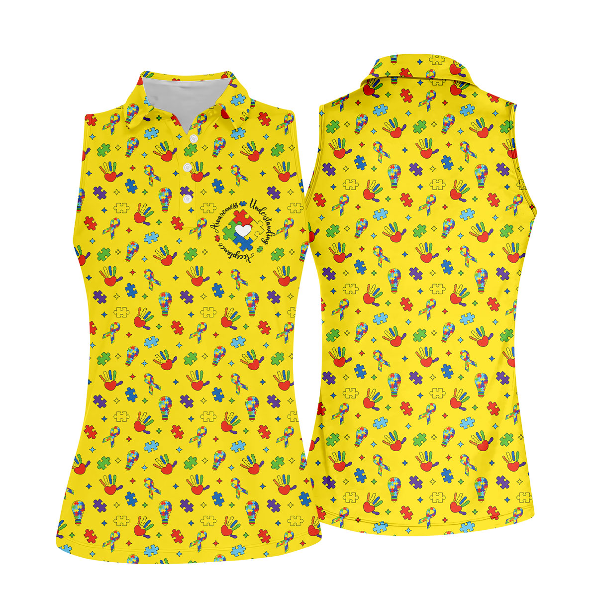 Awareness Understanding Acceptance Autism Ribbon Yellow Golf Shirt, Autism Awareness Colors Women's Golf Tops