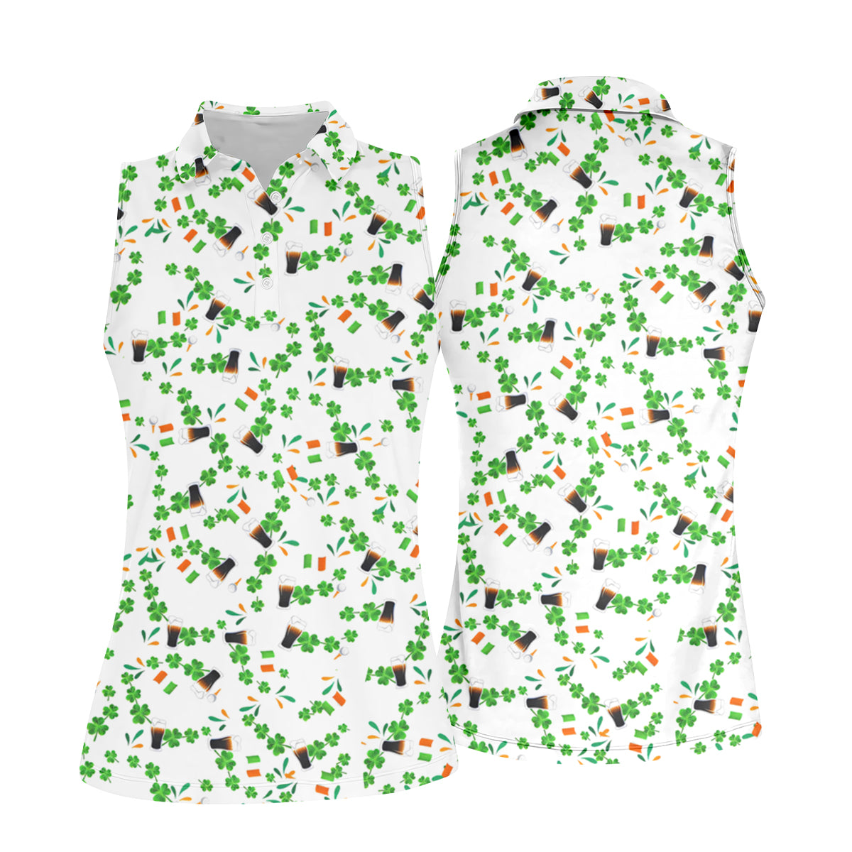 Dark Stout Beer St Patrick's Day Shamrocks White Golf Shirt, Women's Golf Tops, Ladies Golf Shirt