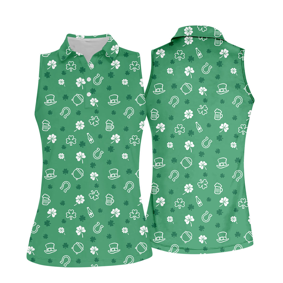Leprechaun Hat Shamrock Beer Seamless Pattern St. Patrick’s Day Golf Shirt, Women's Golf Tops, Ladies Golf Polos