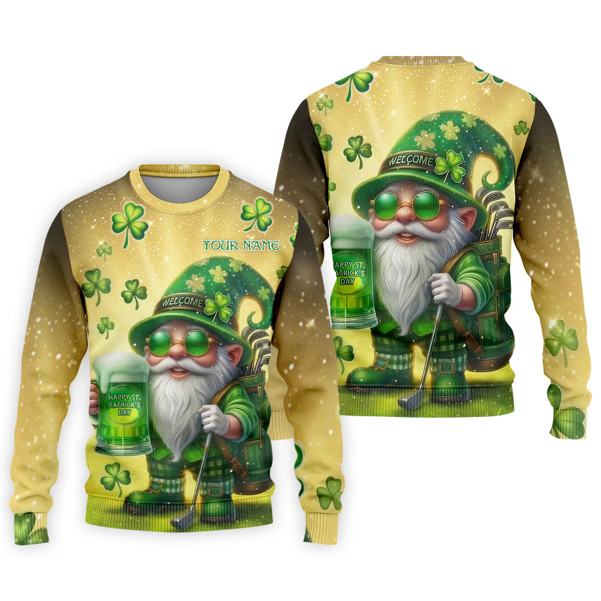 Personalized Men's Happy St Patrick's Day Shamrock Gnome Golf And Beer Shirts, Custom Name