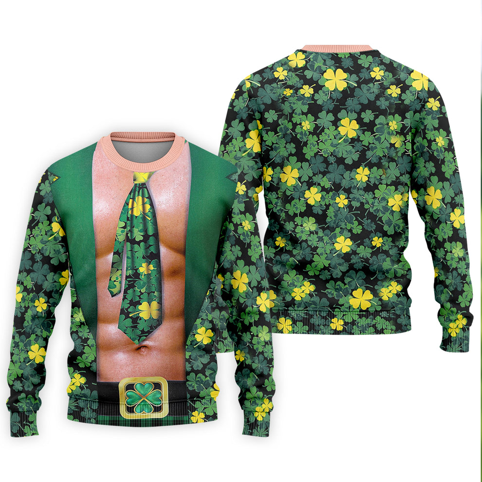 Funny St Patrick's Day Six Pack Abs Tie Shirt, Men's Lucky Shamrock Novelty Graphic Tee