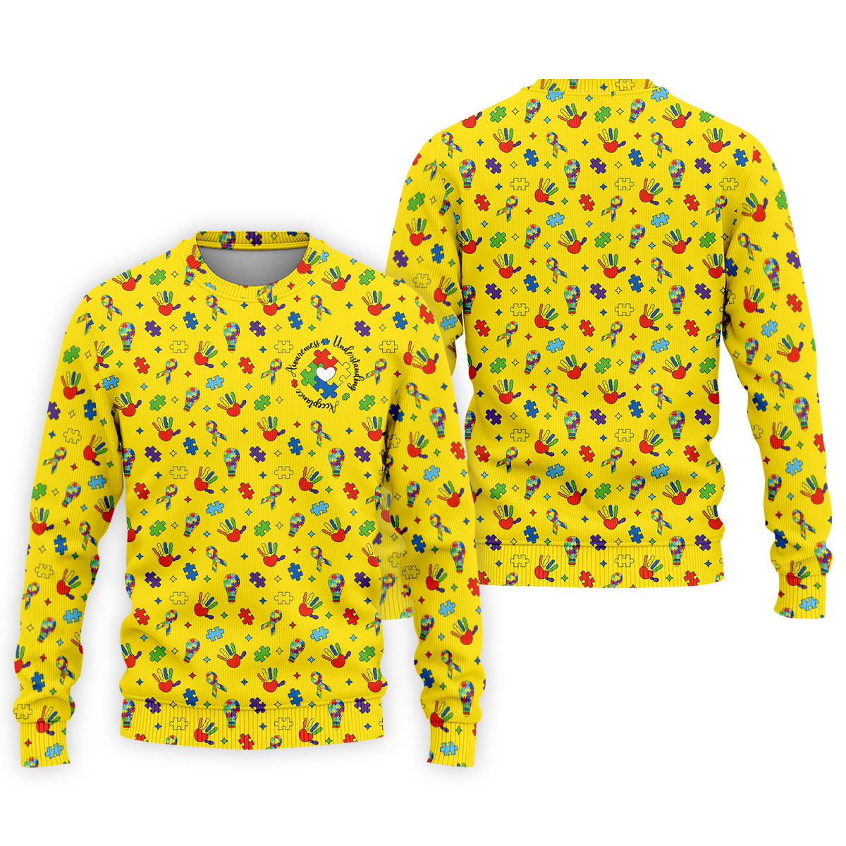 Awareness Understanding Acceptance Autism Ribbon Yellow Golf Shirt, Autism Awareness Colors Golf Shirts For Men