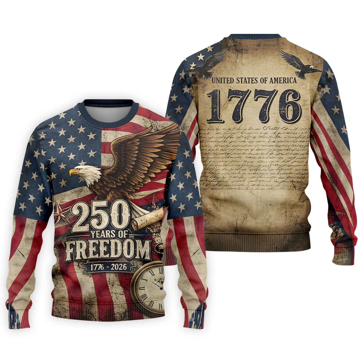250 Years Of Freedom US Bald Eagle Retro US Flag Golf Tops For Men, Patriotic 4th Of July Golf Shirts For Men