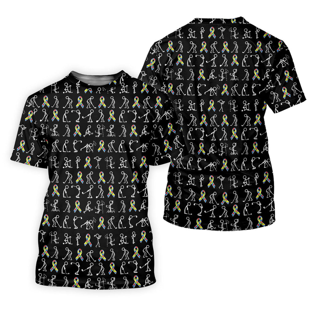 Stick Figure Golf Pose Autism Ribbon Black Golf Shirt, Autism Awareness Colors Golf Shirts For Men