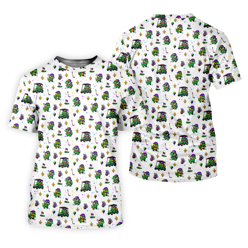 Funny Crocodile Golfing Mardi Gras Golf Shirts, White Golf Shirt, Golf Gift For Men, Golf Shirts For Men
