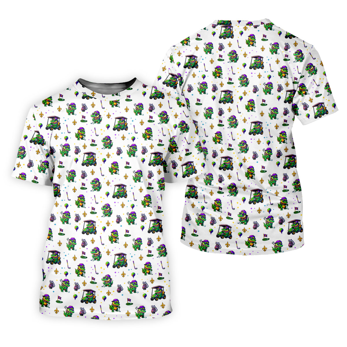 Funny Crocodile Golfing Mardi Gras Golf Shirts, White Golf Shirt, Golf Gift For Men, Golf Shirts For Men
