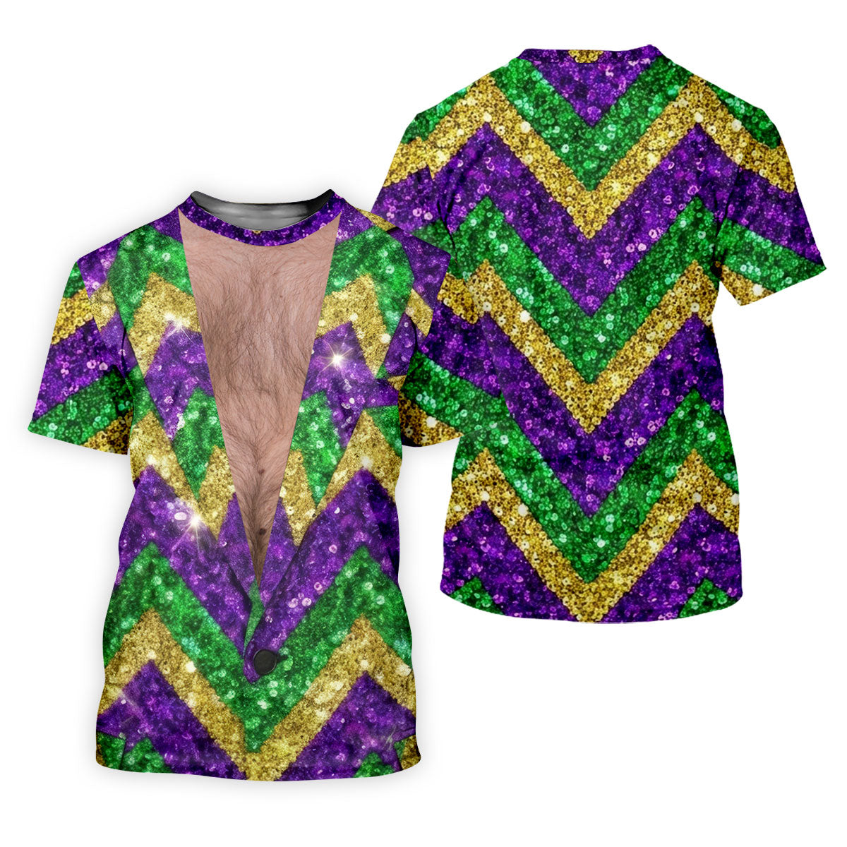 Mardi Gras Purple Green Gold Printed Sequin Zigzag Pattern Golf Shirts For Men, Men's Funny Golf Shirts