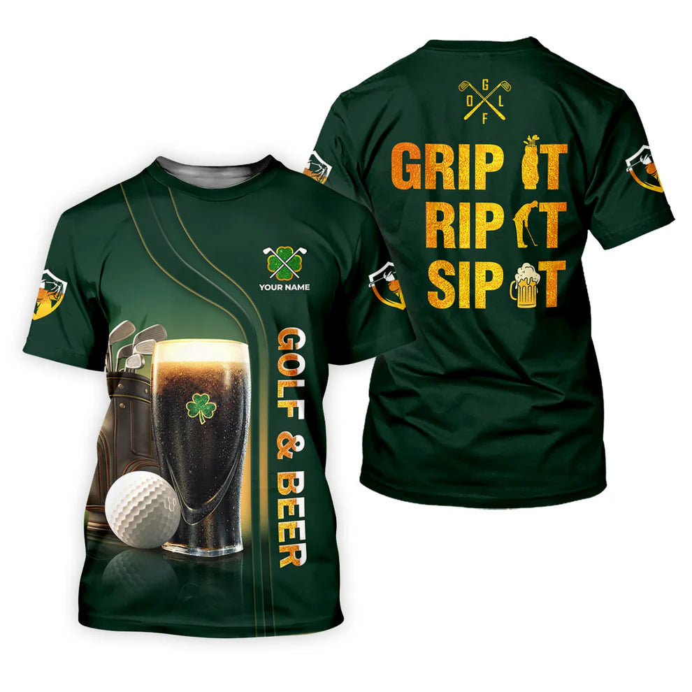 Personalized Grip It Rip It Sip It Golf And Beer Shirt, Custom Name St. Patrick's Day Green Golf Top