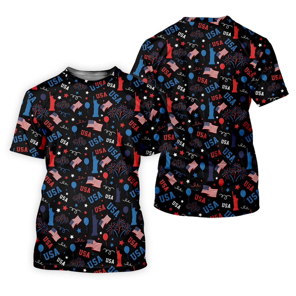 USA Red White Blue Seamless Pattern Black Golf Shirt, 250th Anniversary Patriotic 4th Of July Golf Shirts For Men