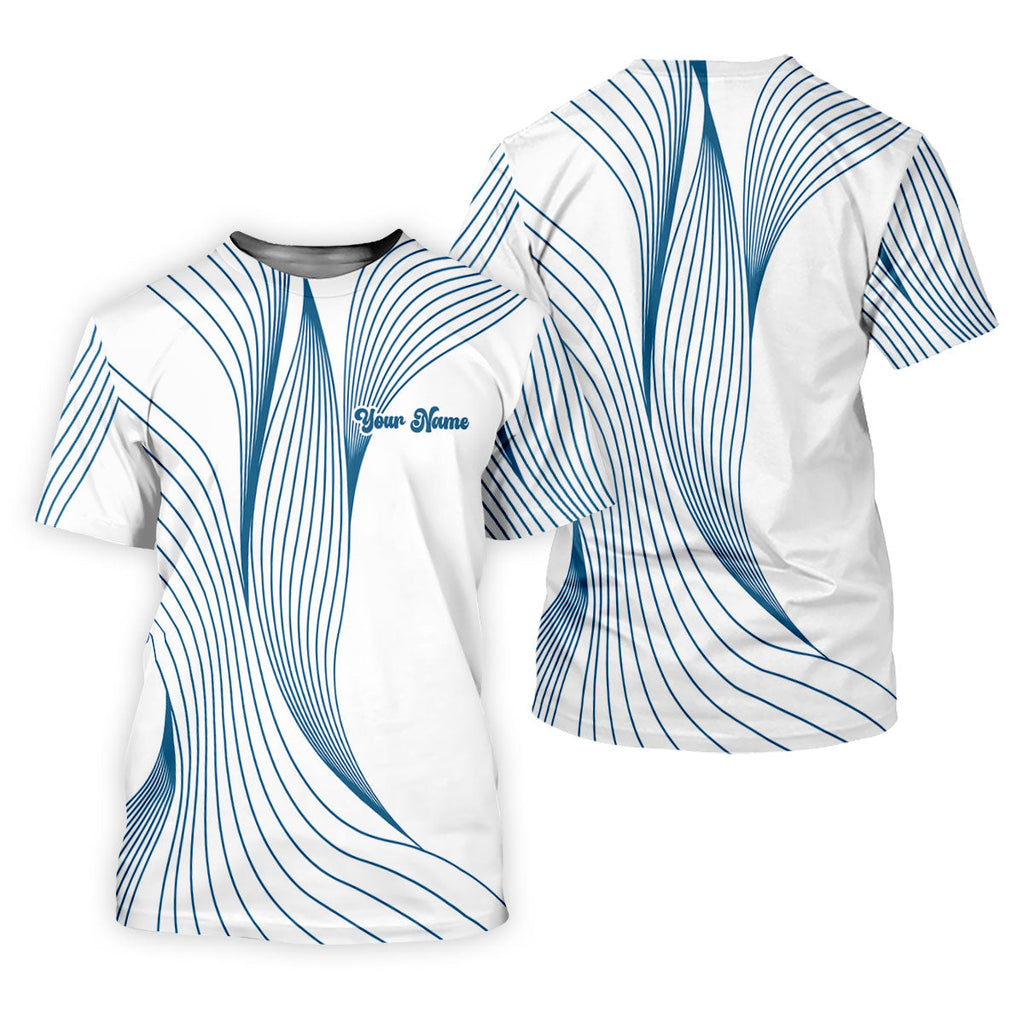 Geometric Line Wavy Line Blue And White Custom Name Golf Shirts For Men, Men's Golf Shirt, Polo Shirts For Men