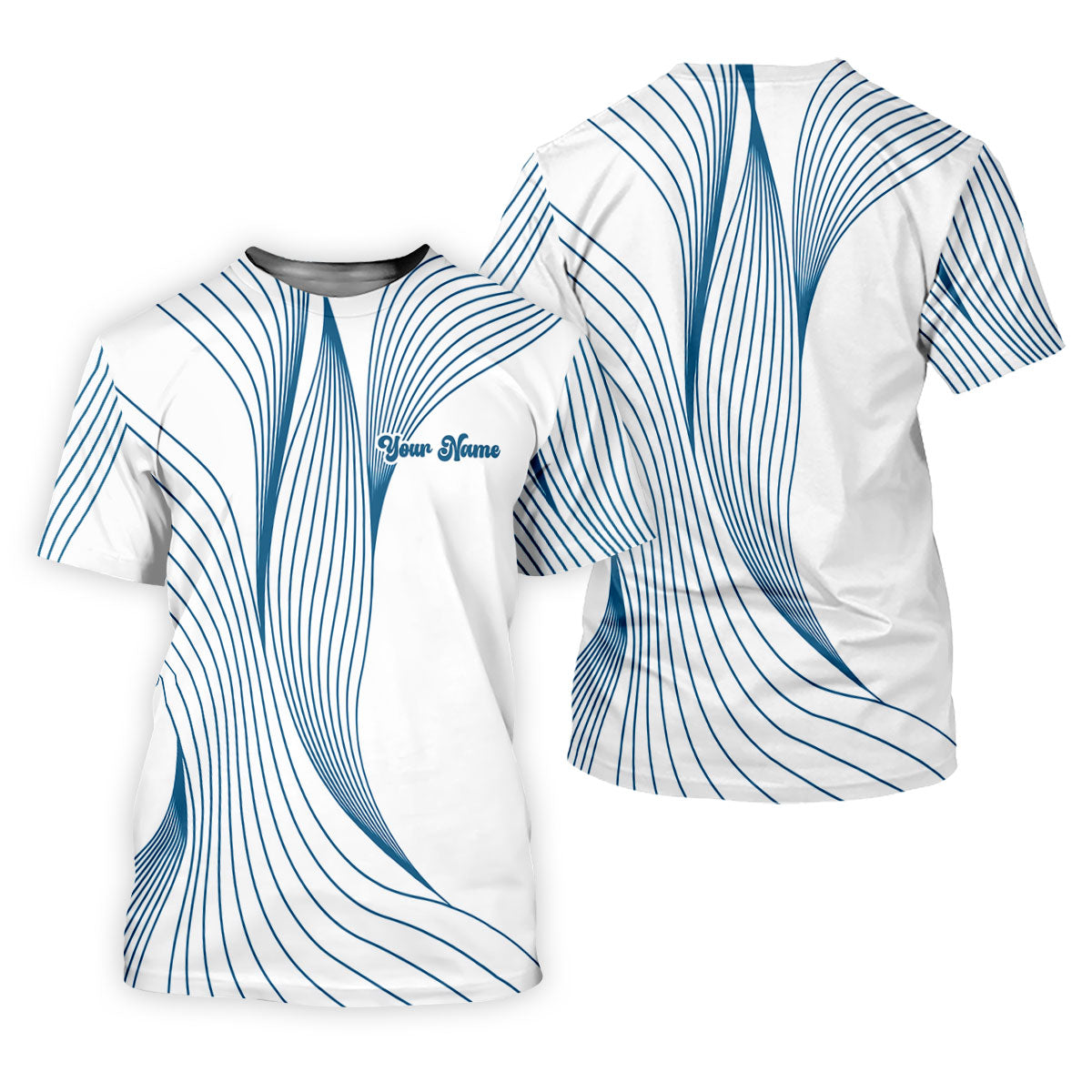 Geometric Line Wavy Line Blue And White Custom Name Golf Shirts For Men, Men's Golf Shirt, Polo Shirts For Men