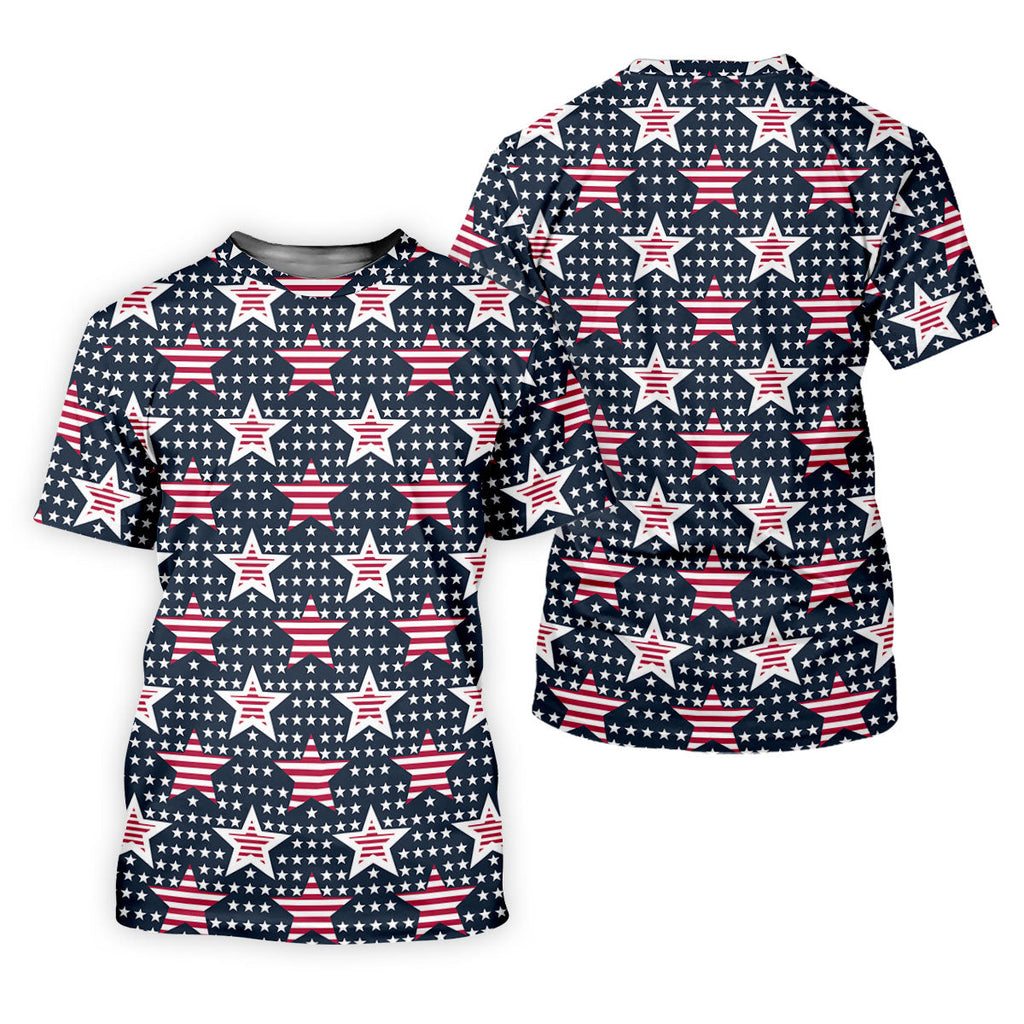 Red And White Stripe Stars Seamless Pattern 250th Anniversary Golf Shirts For Men, Patriotic Golf Shirt