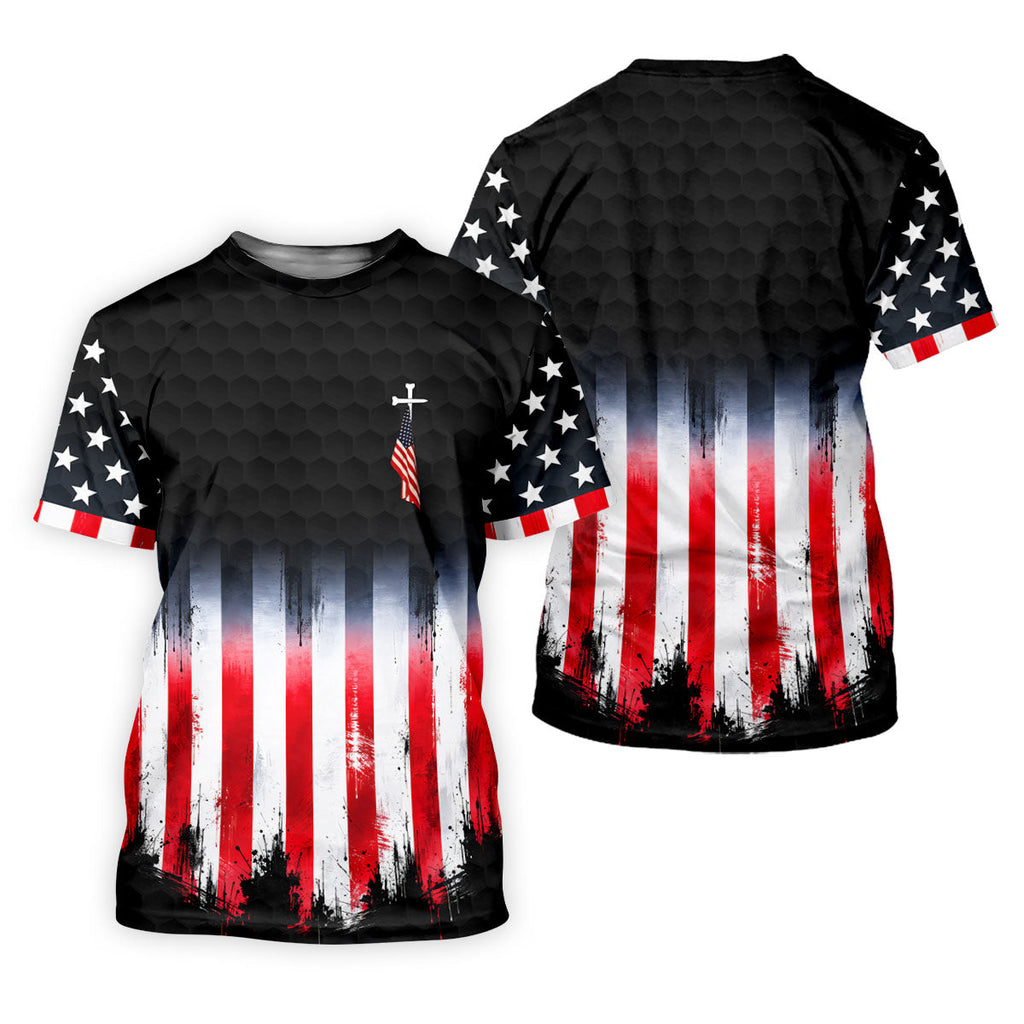 Faith Cross American Flag Patriotic Golf Ball Pattern 4th Of July Golf Shirt, 250th Anniversary Golf Shirts For Men
