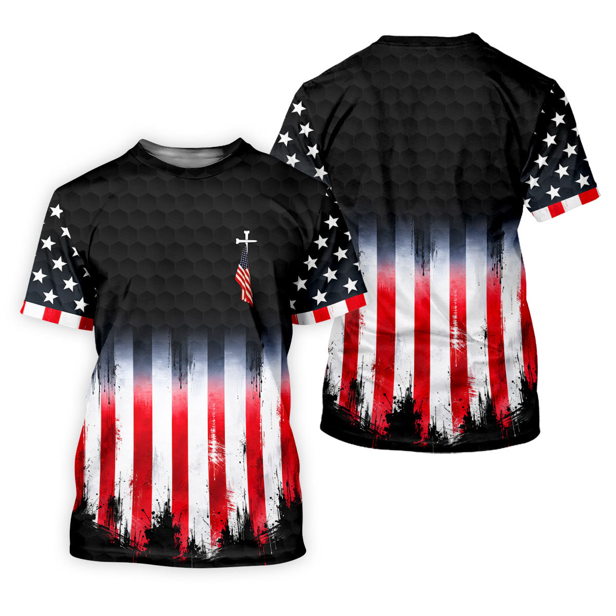 Faith Cross American Flag Patriotic Golf Ball Pattern 4th Of July Golf Shirt, 250th Anniversary Golf Shirts For Men