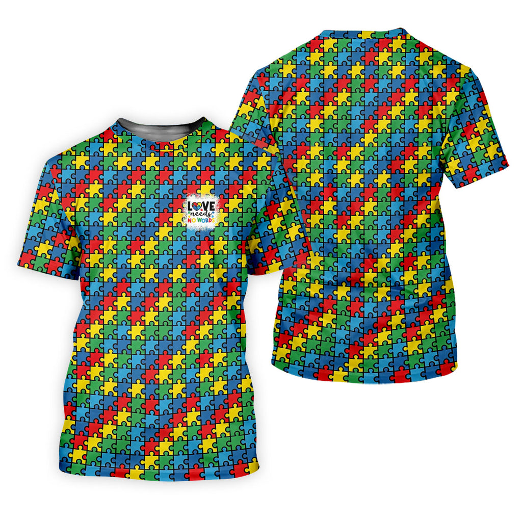 Love Needs No Words Autism Awareness Jigsaw Puzzle Pieces Men's Golf Shirt, Polo Shirts For Men