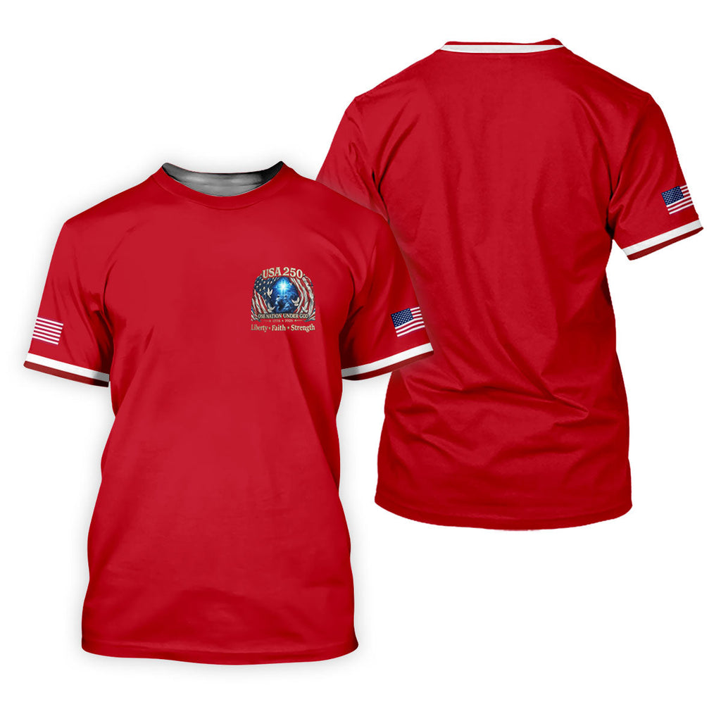 One Nation Under God Faith Cross USA 250 Logo Red Golf Shirt, 4th Of July Golf Shirts For Men