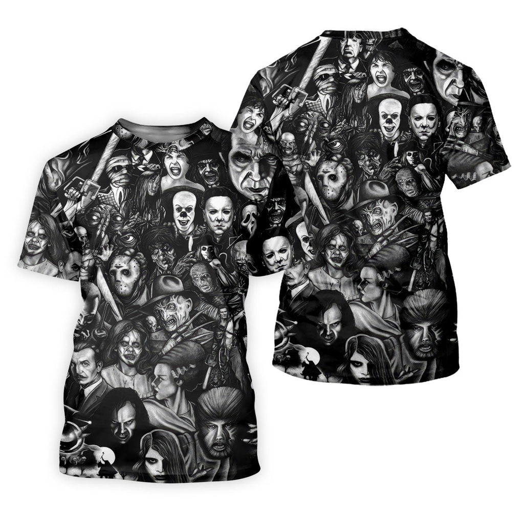 Classic Horror Characters Black And White Golf Polo, Dark Vibe Polo ShirtFor Men, Halloween Golf Shirt
