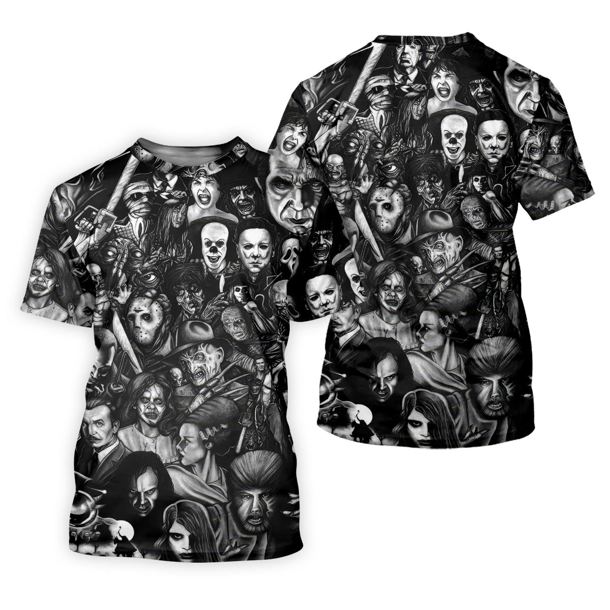 Classic Horror Characters Black And White Golf Polo, Dark Vibe Polo ShirtFor Men, Halloween Golf Shirt
