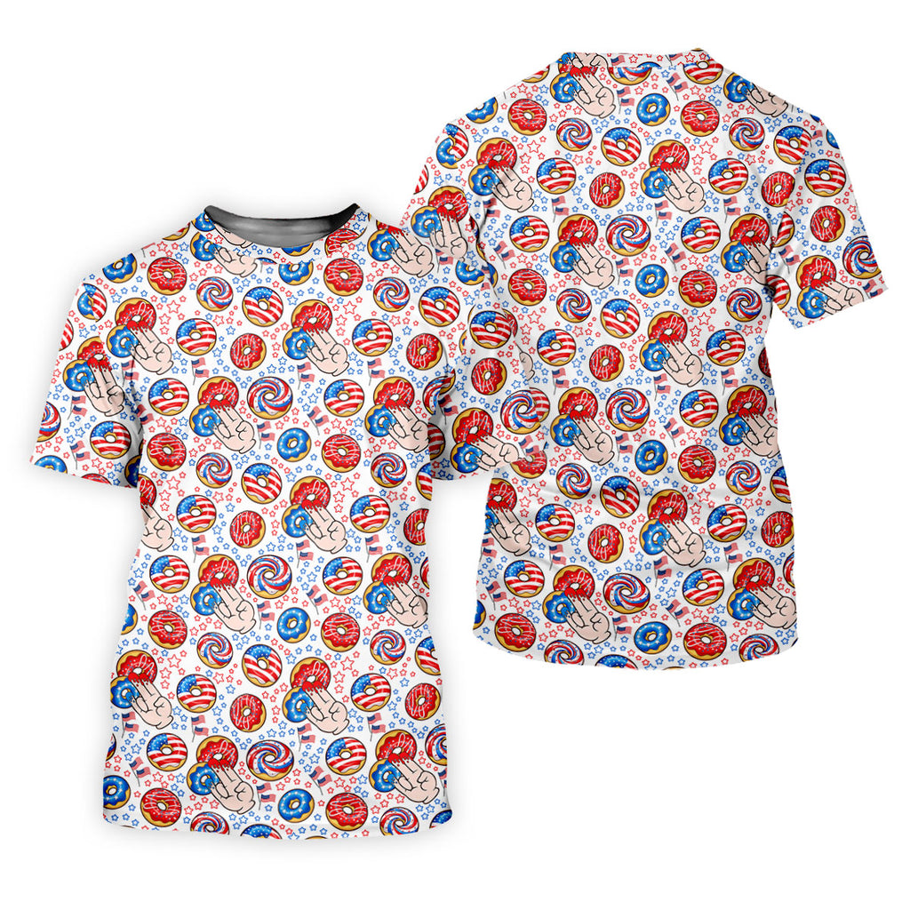 Donut Finger Funny Dirty American Flag Pattern White Golf Shirts For Men, 250th Anniversary Patriotic Golf Shirt