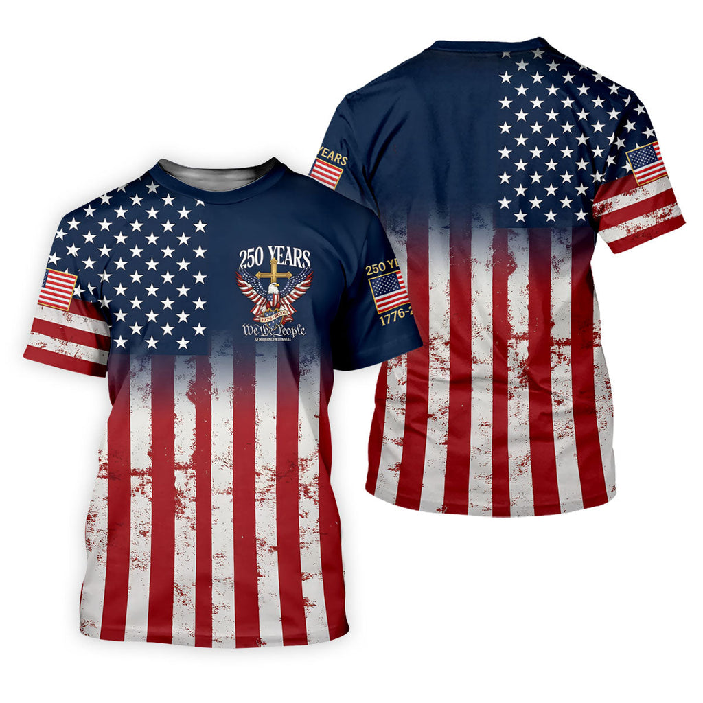 250 Years We The People Bald Eagle US Flag Cross Faith Golf Shirts For Men, Patriotic Golf Shirt