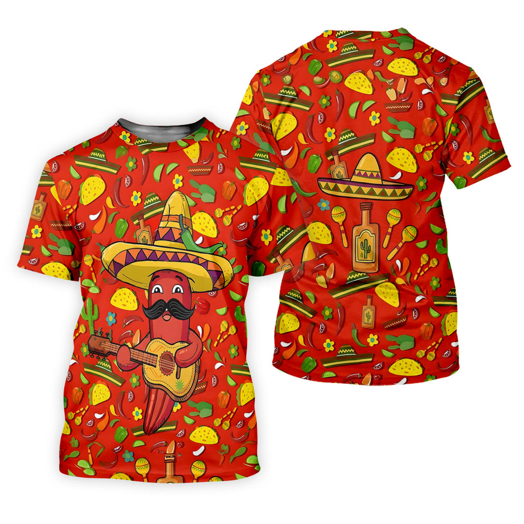 Cartoon Chili Pepper Mexican Guitar Cinco De Mayo Celebration Fiesta Themed Golf Shirts For Men