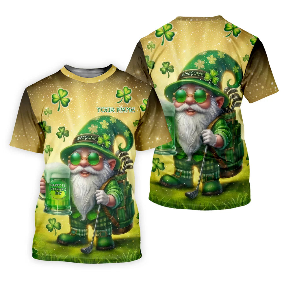 Personalized Men's Happy St Patrick's Day Shamrock Gnome Golf And Beer Shirts, Custom Name