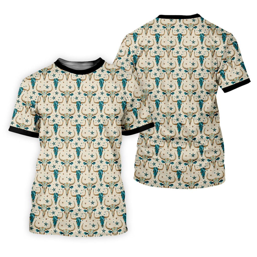 Cow Skulls Turquoise And Beige Western Theme Golf Tops For Men, Polo Shirts For Men, Golf Shirts For Men