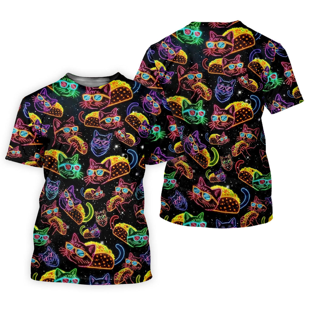 Neon Cat Taco Fiesta Time Hawaiian Golf Shirt, Cinco De Mayo Celebration Golf Shirts For Men