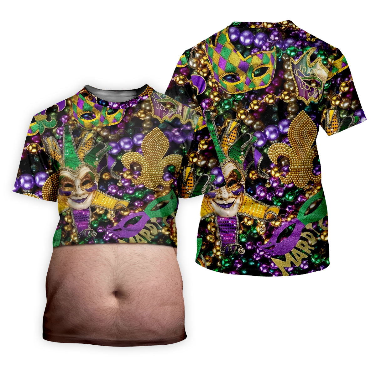Mardi Gras Purple Green Gold Fleur De Lis Jester Mask Funny Tummy Golf Shirts For Men, Men's Funny Golf Shirts