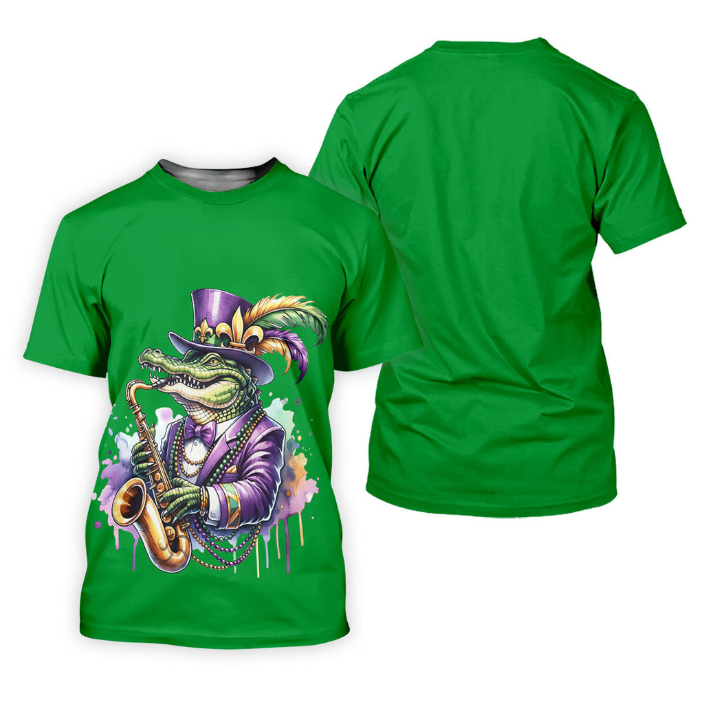 Mardi Gras Alligator Playing Saxophone Green Golf Shirt, Golf Shirts For Men, Polo Shirts For Men