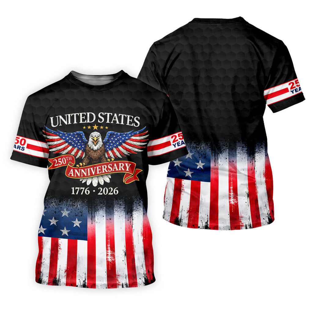 US Bald Eagle 250th Anniversary Celebration Ribbon Black Golf Shirt, Patriotic 4th Of July Golf Shirts For Men