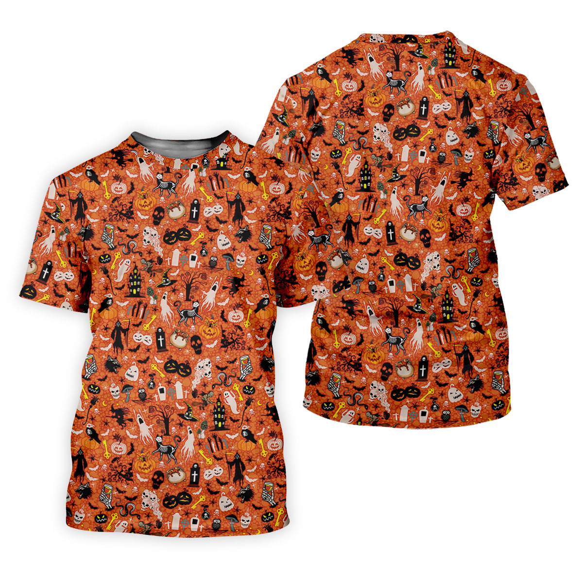 Halloween Skull Witch Cat Orange Golf Shirt, Funny Halloween Polo Shirts For Men, Golf Gift For Men