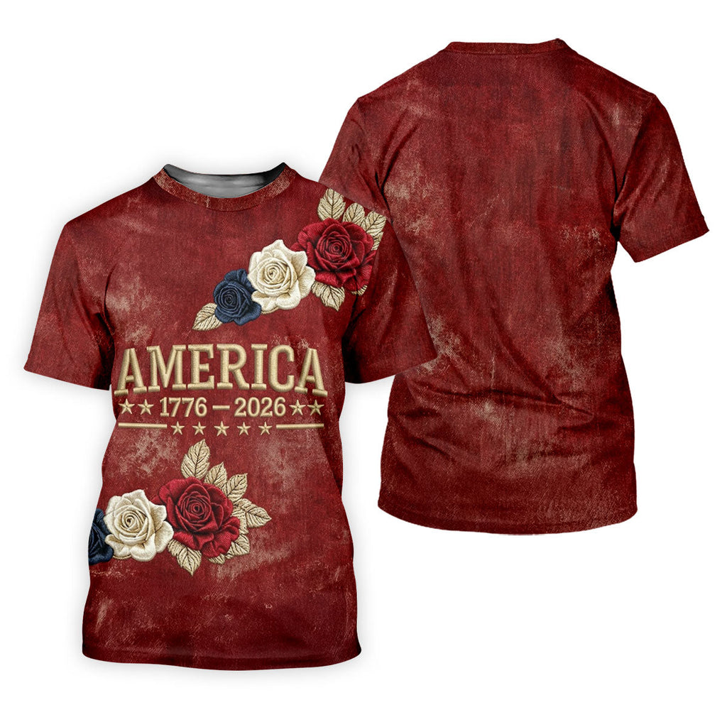 America 1776-2026 Patriotic Roses Vintage Golf Shirt, 250 Years 4th Of July Golf Shirts For Men