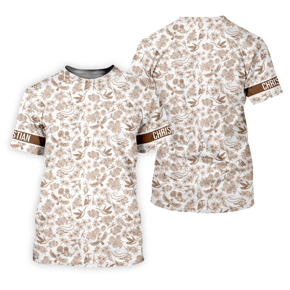 Custom Name Toile de Jouy Birds And Flowers Brown Golf Shirt, Polo Shirts For Men, Golf Gift For Men