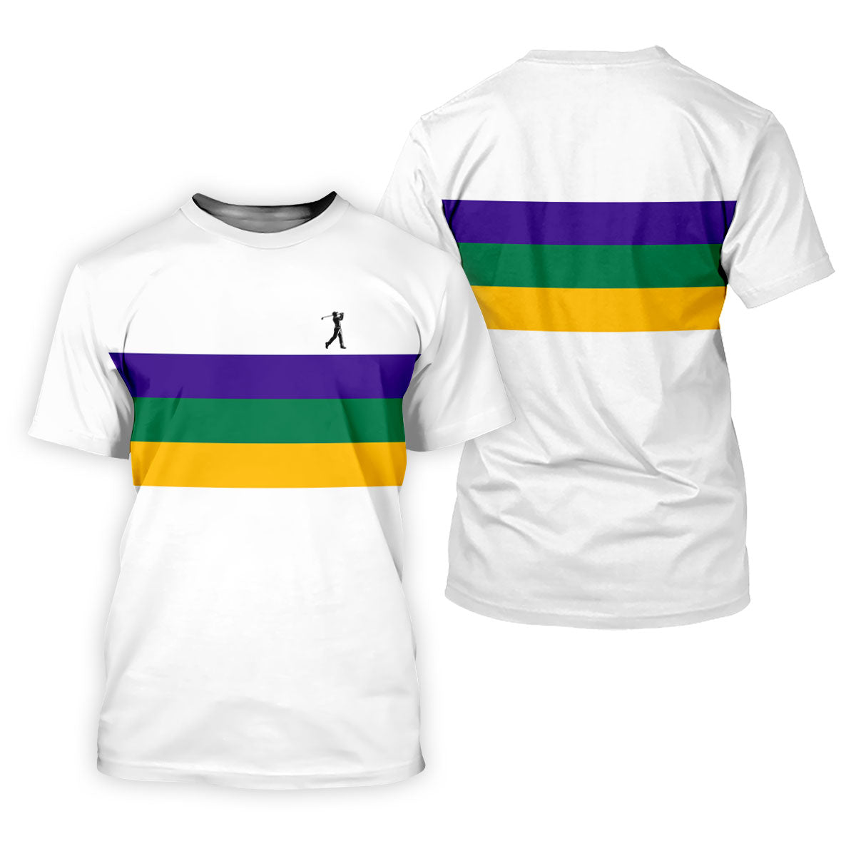 Mardi Gras Purple Green Gold Horizontal Stripes White Golf Shirt, Golf Tops For Men, Polo Shirts For Men