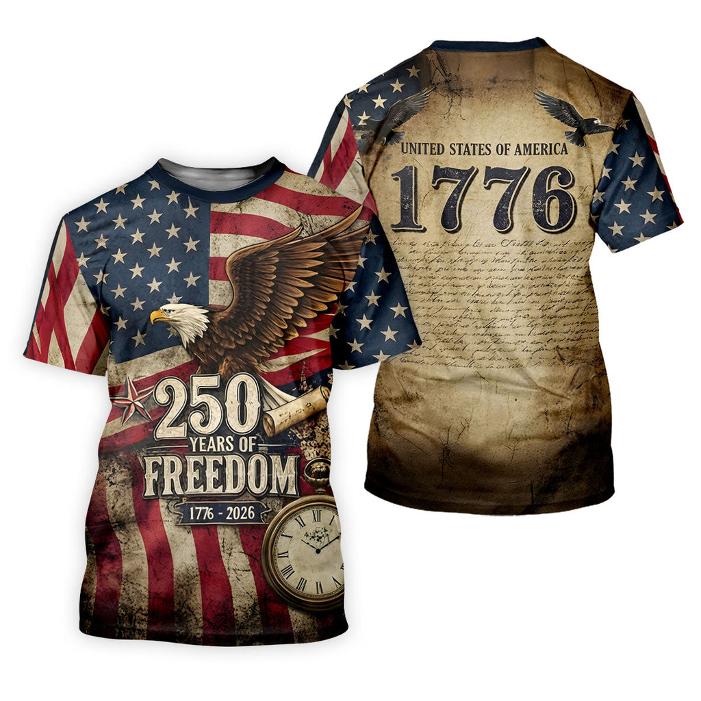 250 Years Of Freedom US Bald Eagle Retro US Flag Golf Tops For Men, Patriotic 4th Of July Golf Shirts For Men